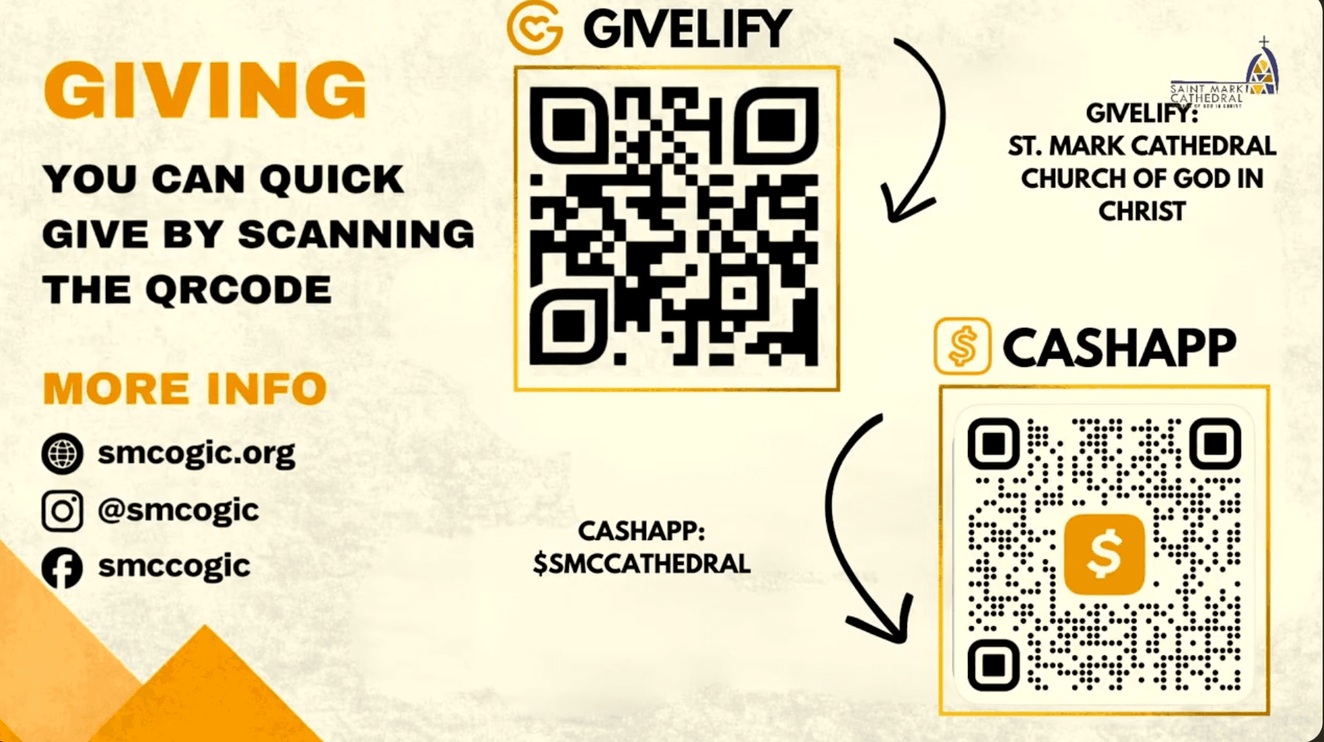 St. Mark Cathedral giving guide with Givelify and Cash App QR codes